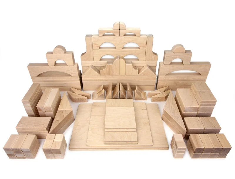 Hand - Carved Wooden Building Blocks with Alphabet and Number Engravings133 pc. Advanced Set Maple Building Blocks