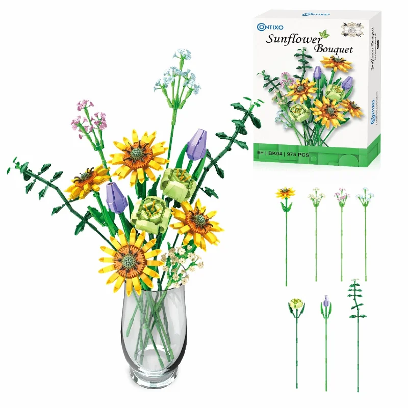 Natural Wood Building Blocks with a Space - Exploration Play Set ThemeContixo BK04 Sunflower Bouquet Floral Collection Building Block Set - 975 PCS