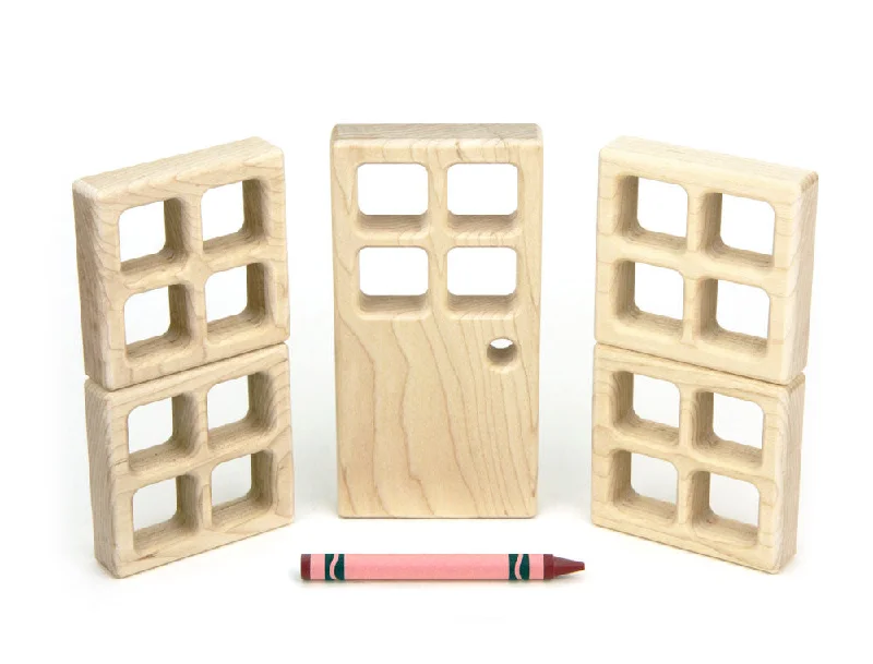 Solid Wood Building Blocks with Removable Parts for Customizable Creations5 pc Square-Paned Window & Door Blocks Booster