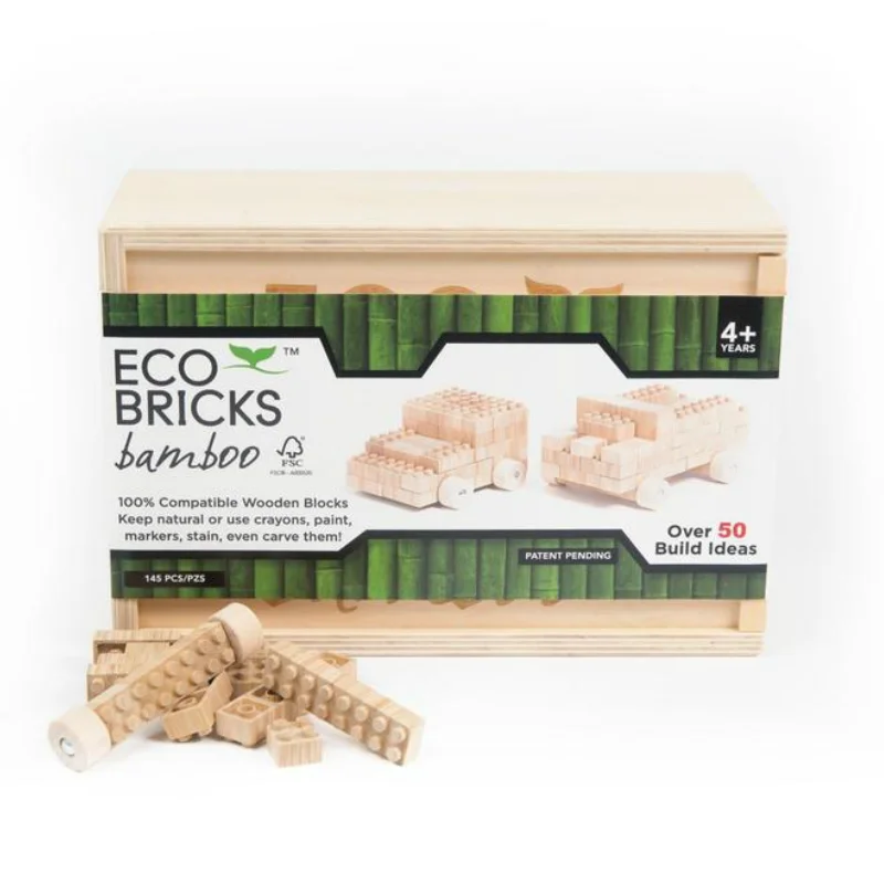 Hand - Sanded Interlocking Wooden Building Blocks for Easy Assembly and DisassemblyEco Bamboo Bricks 145 Piece