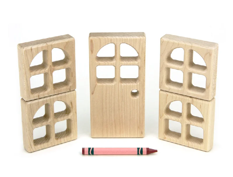 Sustainable Solid Wood Building Blocks with a Musical Instrument Design5 pc Arch-Paned Window & Door Blocks Booster