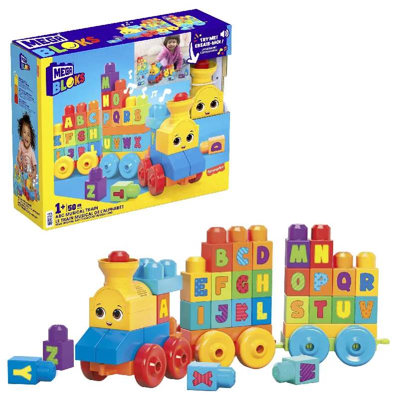 Sustainable Solid Wood Building Blocks with a Musical Instrument DesignMEGA BLOKS First Builders ABC Musical Train Toy Building Blocks With Music (50 Pieces) For Toddler