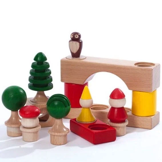 Hand - Carved Wooden Building Blocks with Alphabet and Number EngravingsCubio Enchanted Forest Block Set