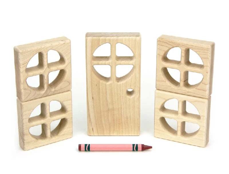 Natural Wood Building Blocks with a Space - Exploration Play Set Theme5 pc Round-Paned Window & Door Blocks Booster