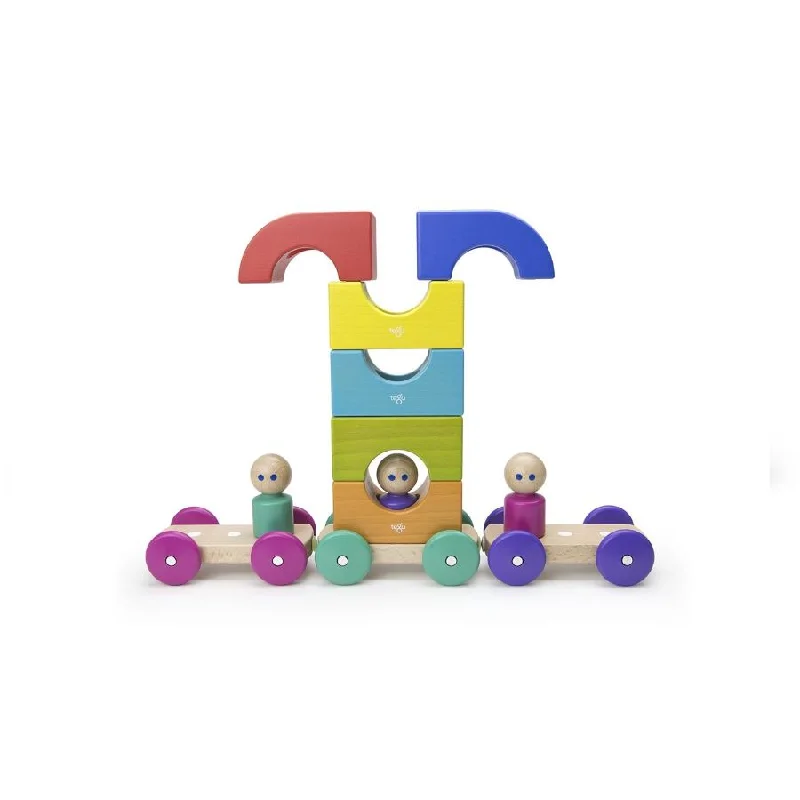 Eco - Friendly Solid Wood Building Blocks with Smooth Edges for Safe ConstructionTegu - Magnetic Tram Rainbow