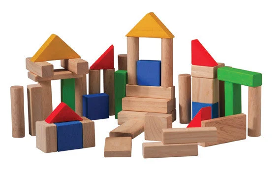 Natural Finish Wooden Building Blocks with a Carry - Case for Easy StoragePlan Toys - 50 Blocks