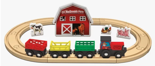 Sustainable Solid Wood Puzzle Set with 50 Pieces for Family Bonding and Brain Training#42317 Old MacDonald's Farm Wooden Tractor Train Play Set - 18 piece