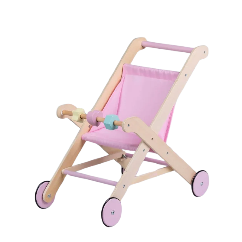 Sustainable Wood Marble Run Set with Multiple Tracks and Marble StorageDolls Stroller Pink