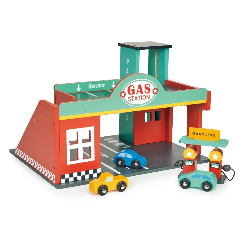 Hand - Painted Wooden Doll Set with Dresses and Accessories for Pretend PlaytimeGas Station