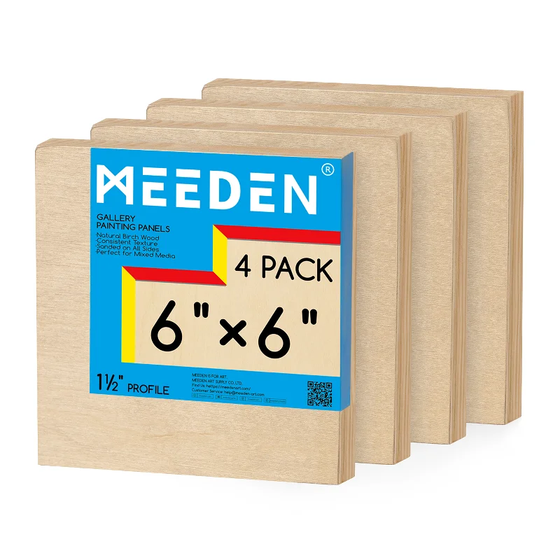 Solid Wood Painting Panels for Acrylic and Watercolor ArtistsMEEDEN Artist Birch Wood Canvas Board, 1-1/2” Deep, 6x6 Inch, 4 Packs