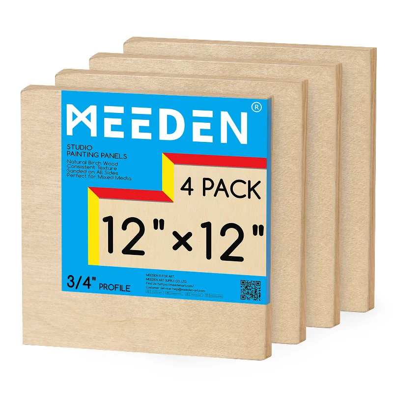 Sustainable Wooden Palette with Deep Wells for Mixing Acrylic PaintsMEEDEN Artist Birch Wood Canvas Board, 3/4” Deep, 12x12 Inch, 4 Packs