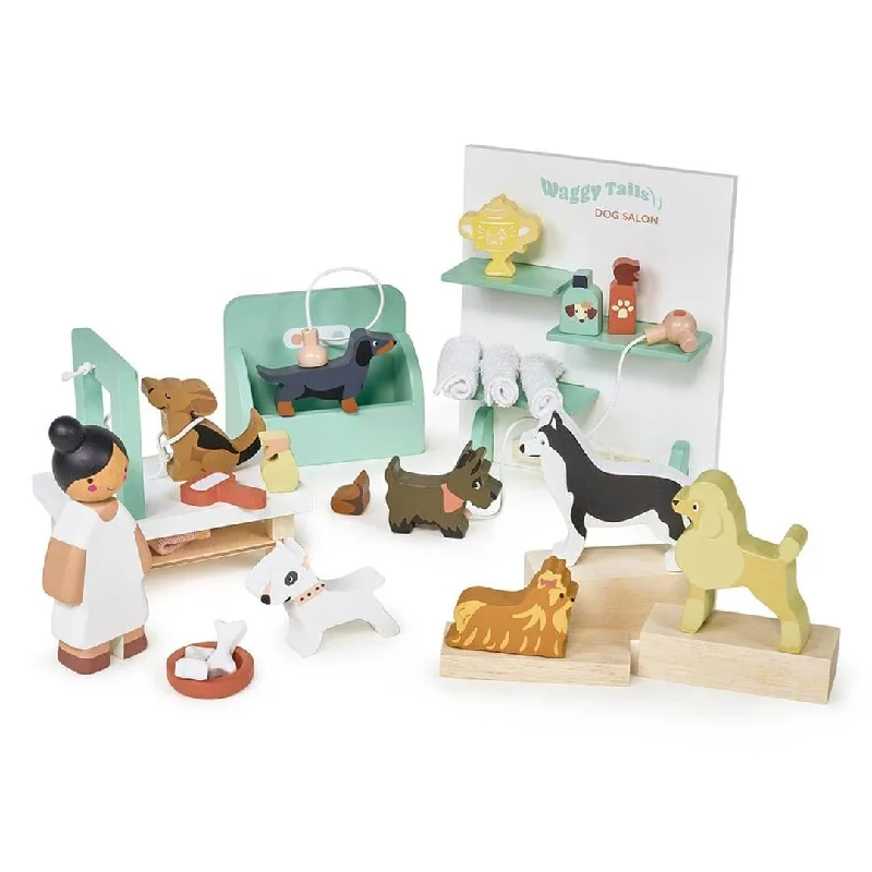 Hand - Painted Wooden Animal Figurines Set for Nursery Decor and Pretend PlayWaggy Tails Wooden Dog Salon