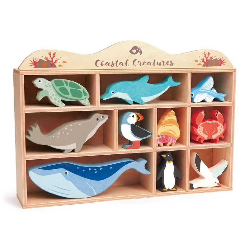 Hand - Painted Wooden Animal Figurines Set for Nursery Decor and Pretend PlayWooden Coastal Animal Figures and Display Case