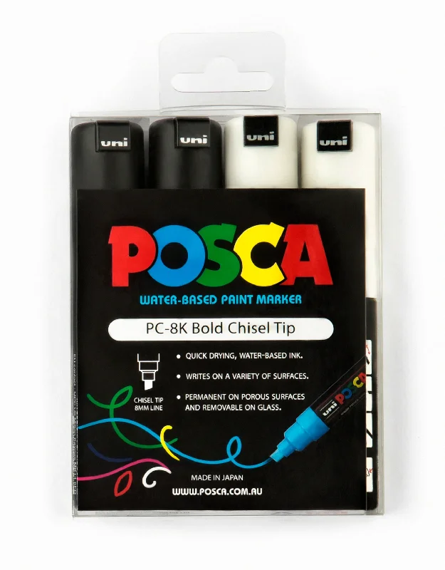 Sustainable Wooden Palette with Deep Wells for Mixing Acrylic PaintsUni Posca Paint Marker 4.5mm Chisel Tip Pen (PC-8K) - Black/White Set of 4