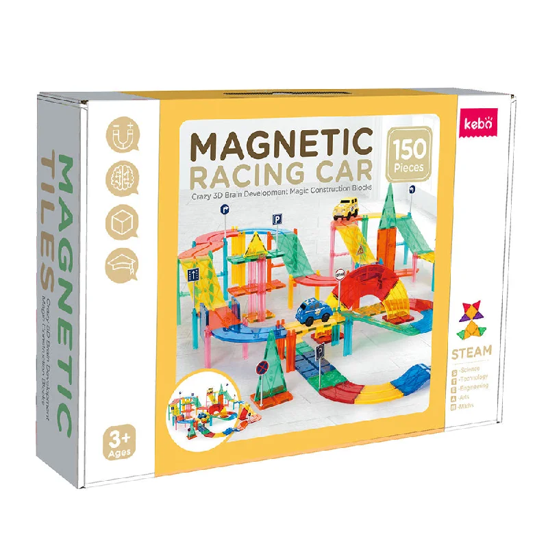 Solid Wood Educational Toys with a Science Experiment Theme for Young Learners150 Pcs Magnetic Tiles Racing Car Set