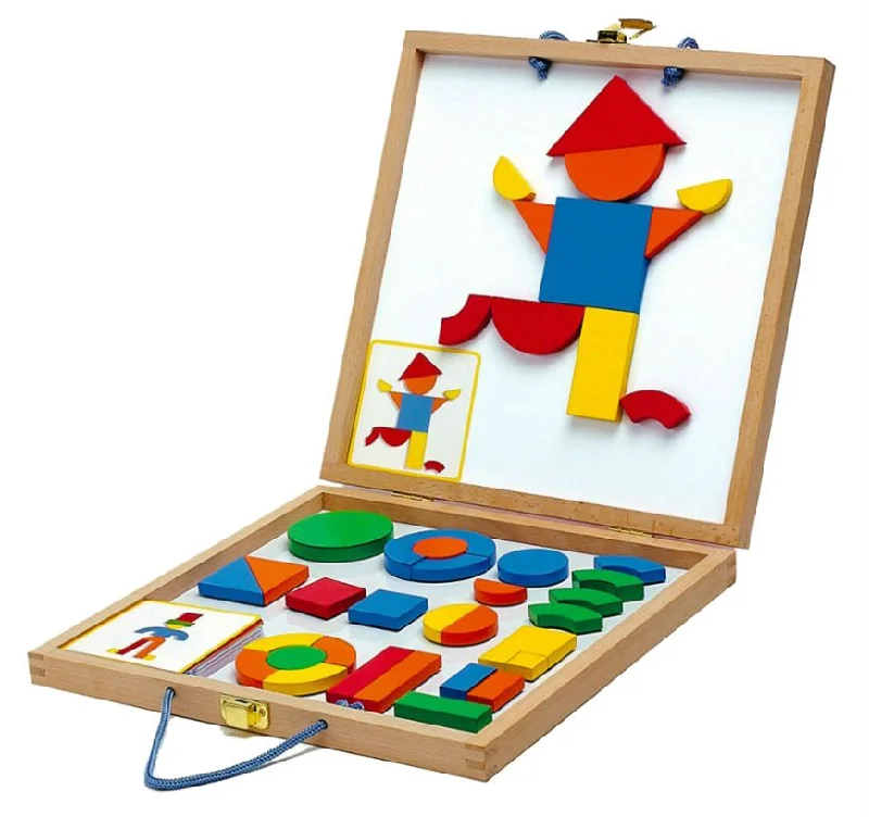 Sustainable Solid Wood Educational Toys with a Language - Learning Activity BookDJECO-  Geoforme Magnetic Geometric Shapes / Tangram in a Wooden Storage Carry Box