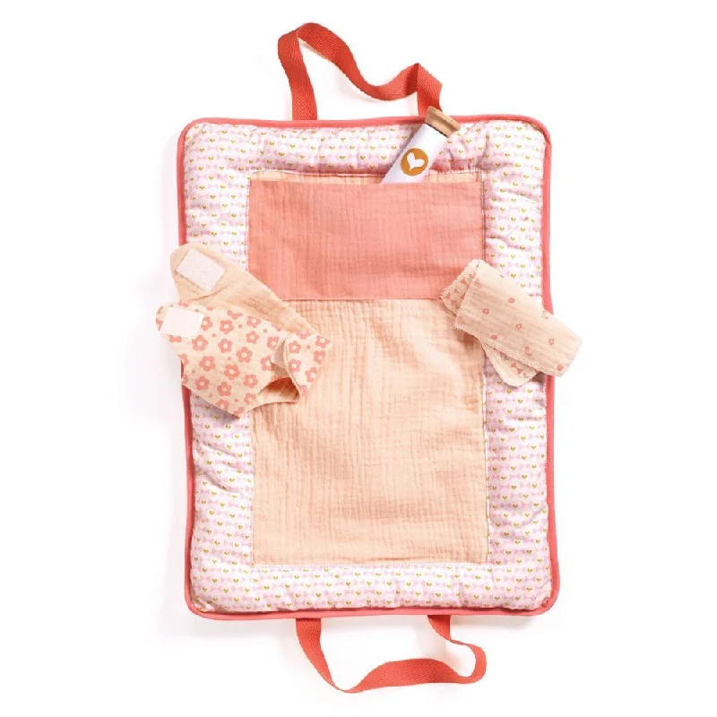 Plus - Sized Soft - Body Cloth Dolls for Toddlers with a Set of Colorful Clothing AccessoriesDjeco Pomea pink peak changing bag