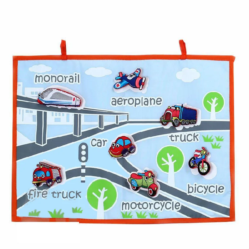 Sustainable Solid Wood Educational Toys with a Language - Learning Activity BookFelt Handmade Transportation/ Vehicles Learning Wall Chart / Hanging play mat set