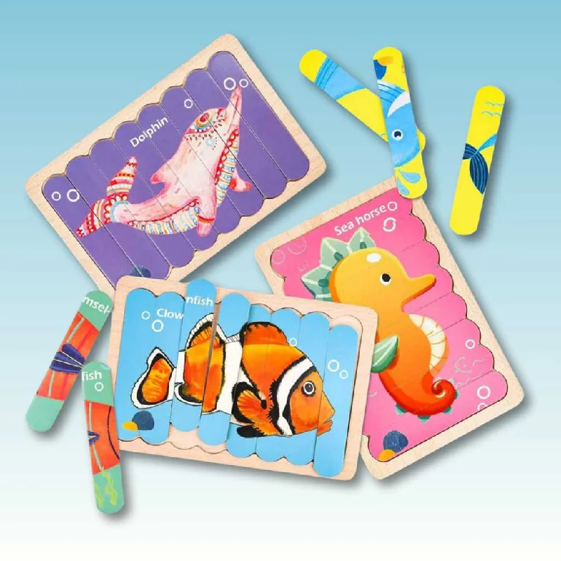 Hand - Carved Wooden Educational Toys with Alphabet - Learning BlocksCreative Playtime: Wooden Fish Puzzles with 8 Patterns