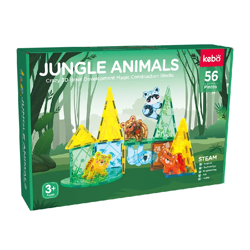 Natural Wood Early Learning Educational Toys for Toddlers' Cognitive DevelopmentMagnetic Tiles Jungle Animals 56 Pcs Set