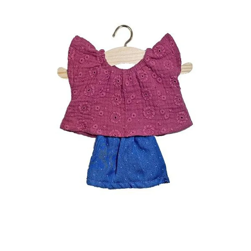 Dolls with Built - in LED Lights and Glow - in - the - Dark AccessoriesMinikane amigas Mazarine outfit in Raspberry embroidered cotton and its Denim skirt with dots