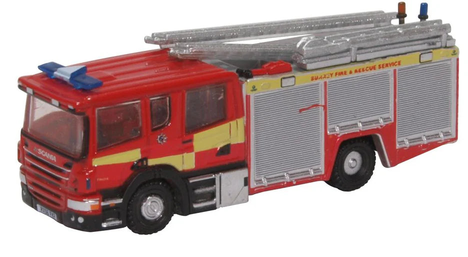 N - Scale Model Train Layout with a City - Themed Background and Animated FiguresOxford Diecast Scania Pump Ladder Surrey Fire & Rescue