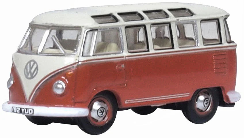 N - Scale Model Train Layout with a City - Themed Background and Animated FiguresOxford Diecast - Sealing Wax Red/Beige Grey VW T1 Samba Bus - N Scale