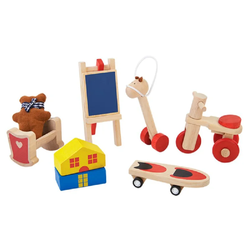 Dolls with Jointed Limbs for Poseability and a Set of Miniature Furniture AccessoriesPlan Toys Dollhouse Playroom Set