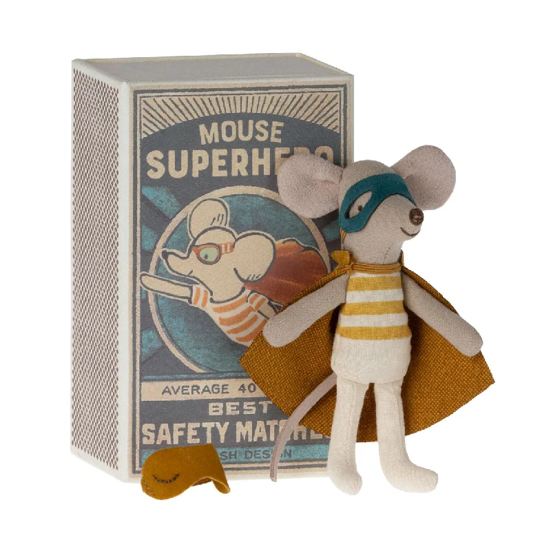 Plush Superhero Dolls with Embroidered Badges for Young FansLittle Brother Super Hero Mouse in Matchbox - Yellow Stripe